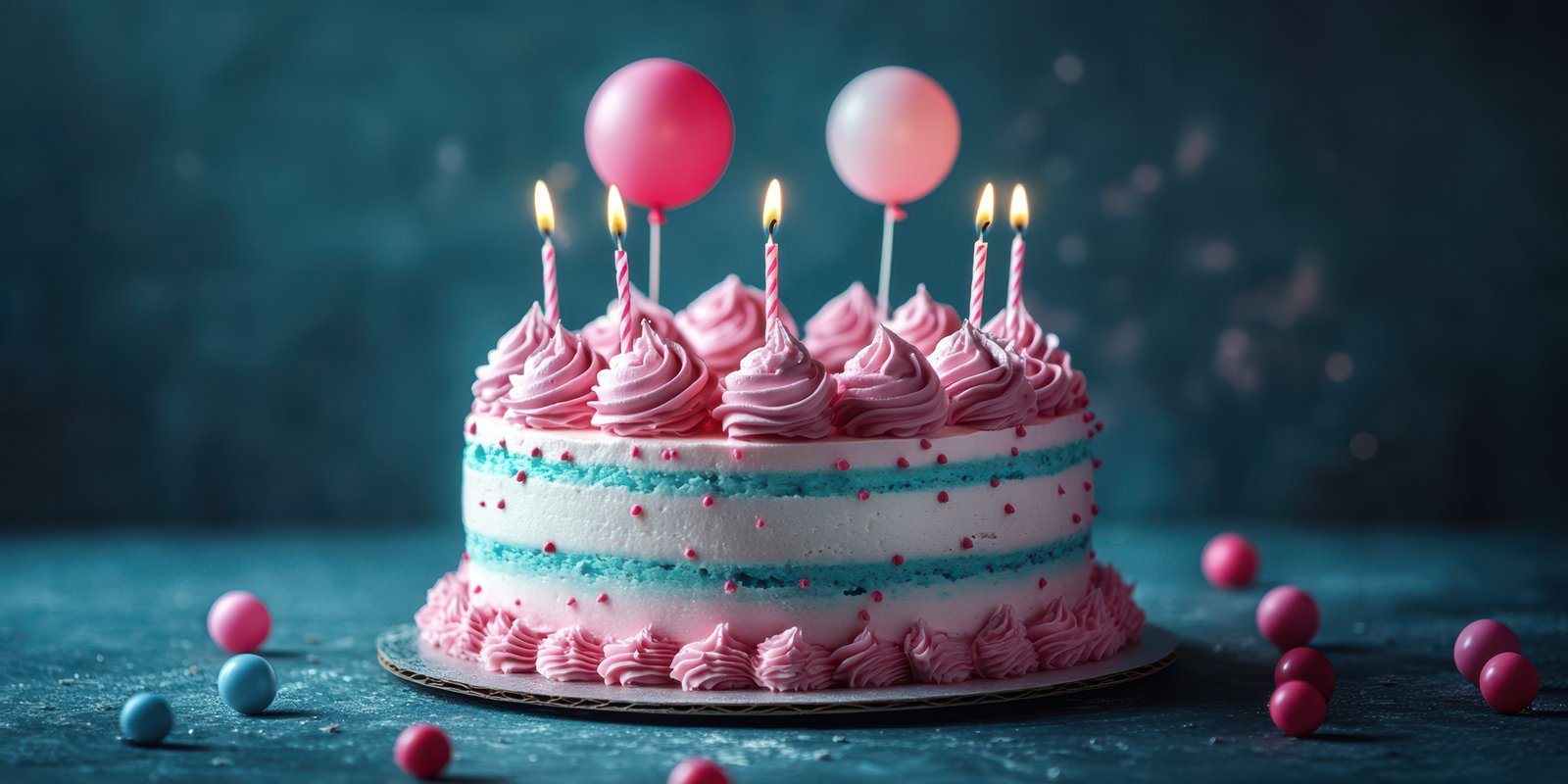 Delicious birthday cake with pink frosting, candles, and colorful decorations set up for a celebration